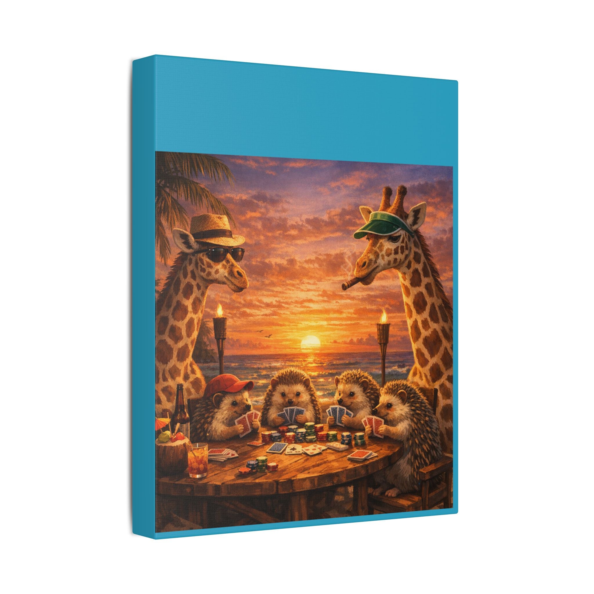 Sunset Poker Night Canvas — Whimsical Giraffes & Hedgehogs Art Print
