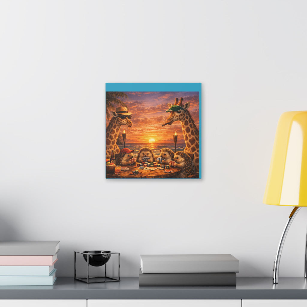 Sunset Poker Night Canvas — Whimsical Giraffes & Hedgehogs Art Print