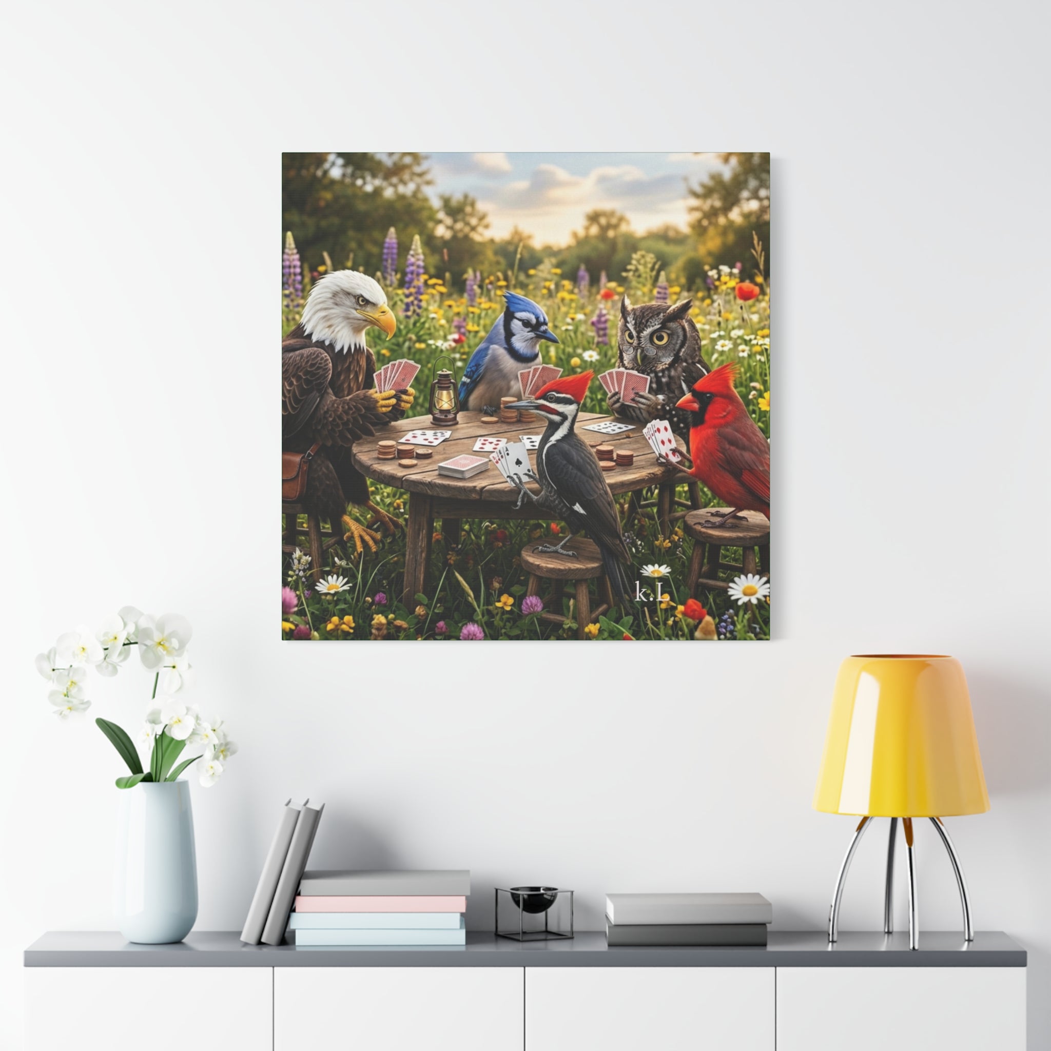 Canvas Wall Art — Woodland Birds Playing Cards Scene