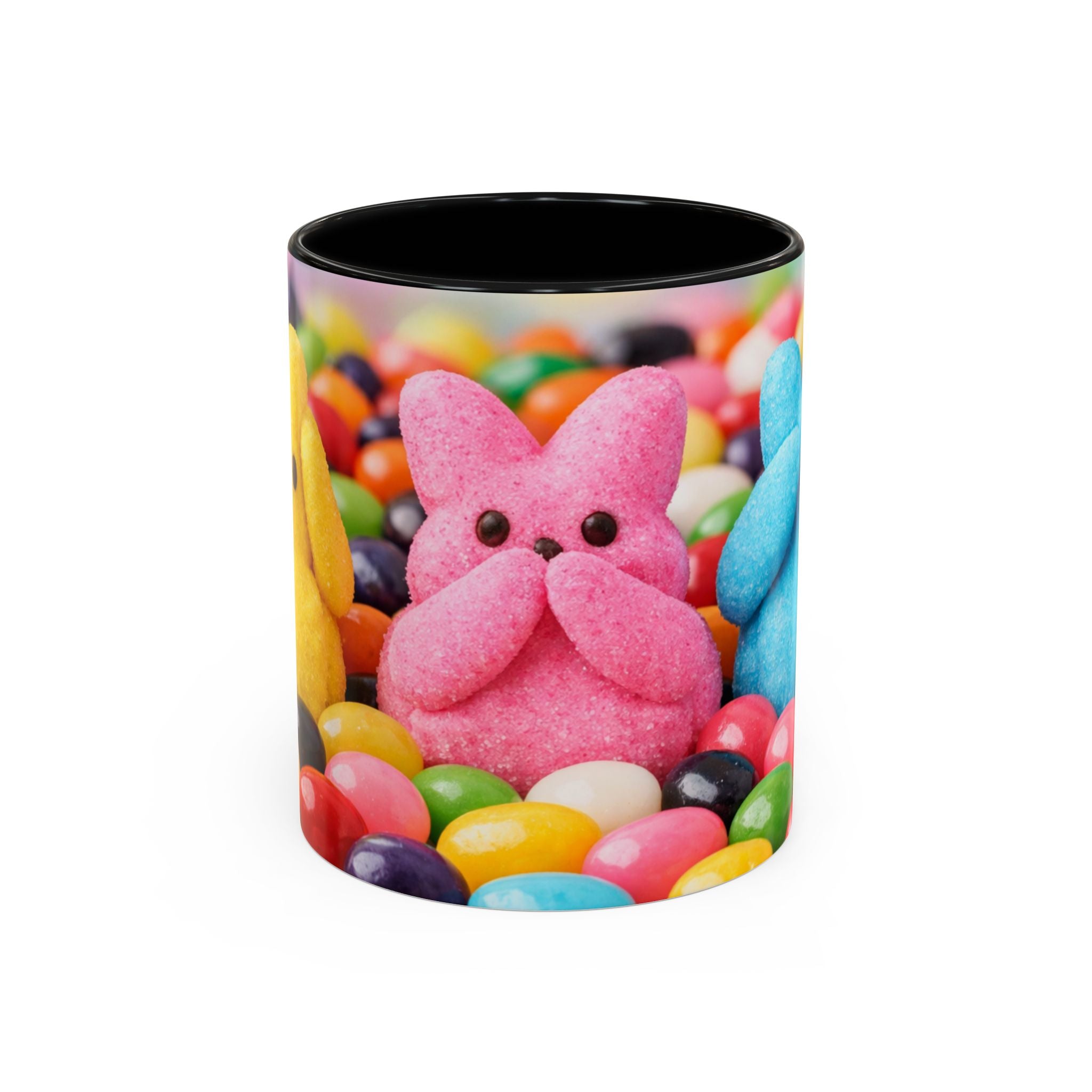 Easter Candy Peeps Coffee Mug — Colorful Jellybean & Marshmallow Bunny Accent Mug (11/15oz)