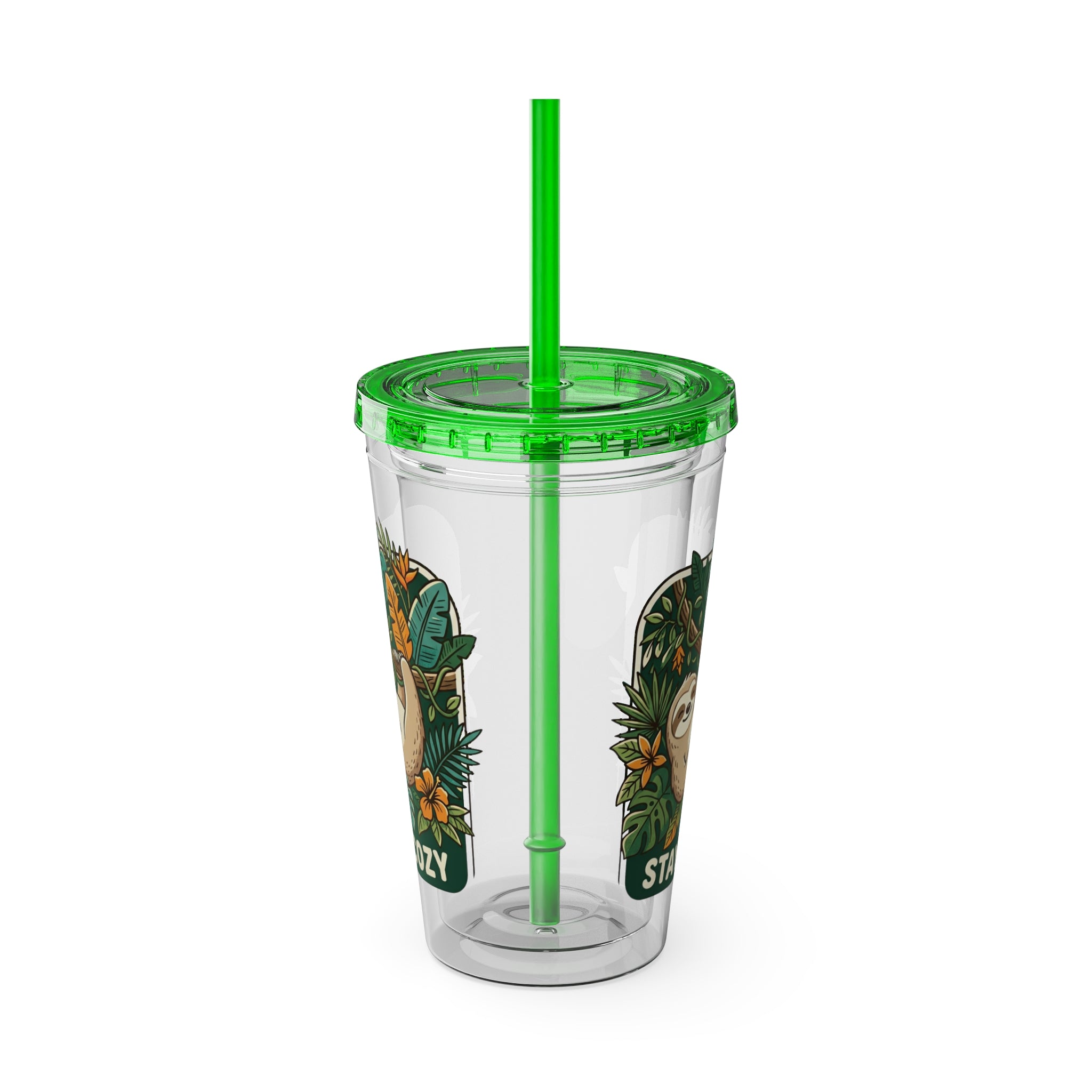 Stay Cozy Sloth Tumbler — 16oz Clear Insulated Cup with Straw