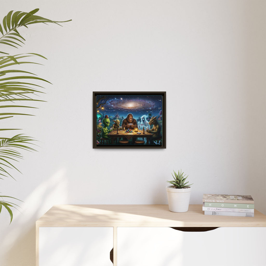 Framed Cosmic Poker Night Matte Canvas Print — Alien & Mythical Creatures Wall Art