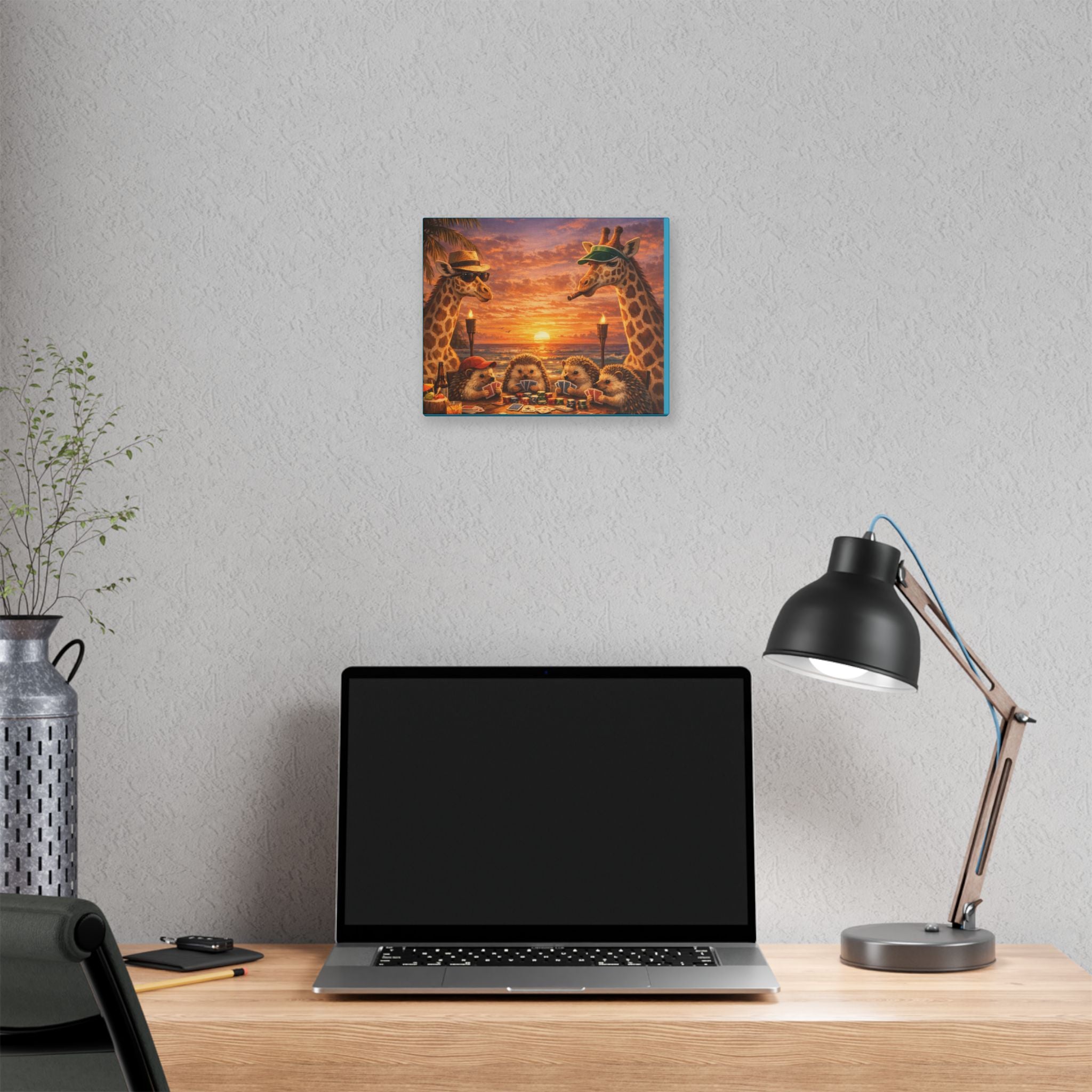 Sunset Poker Night Canvas — Whimsical Giraffes & Hedgehogs Art Print