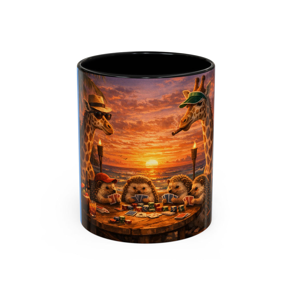 Sunset Poker Nights Animal Coffee Mug — Giraffe & Hedgehog Friends (11/15 oz)
