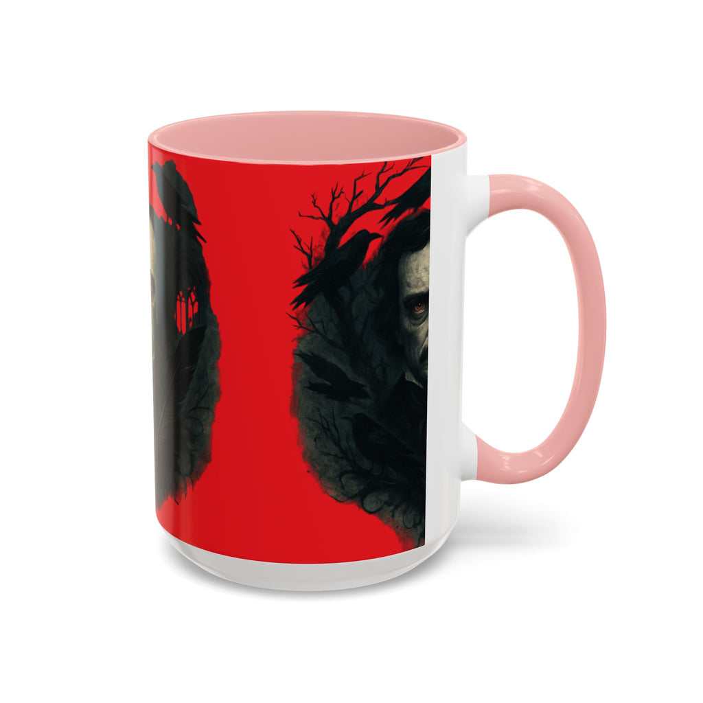 Edgar Allan Poe Portrait Coffee Mug — Gothic Raven Red Accent (11/15oz)