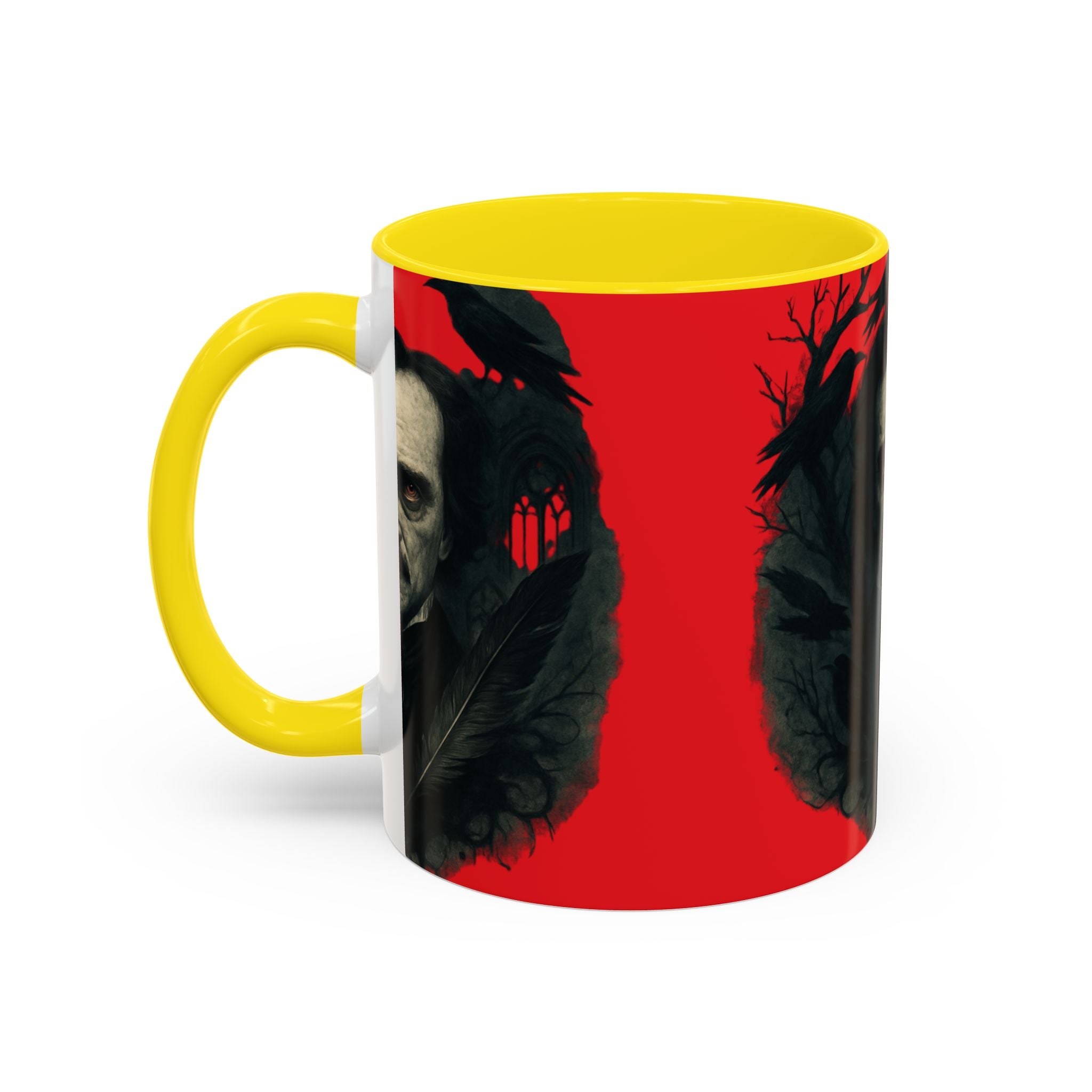 Edgar Allan Poe Portrait Coffee Mug — Gothic Raven Red Accent (11/15oz)