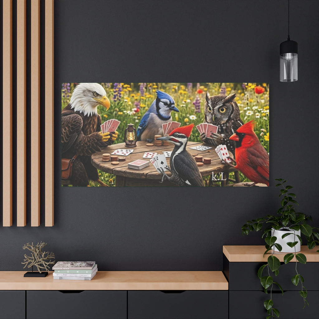 Canvas Wall Art — Woodland Birds Playing Cards Scene